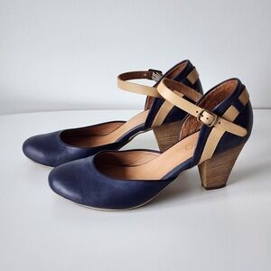 Bueno Yara Leather Pumps Women 41 Navy Ankle Strap Block Heel Shoes Event Office